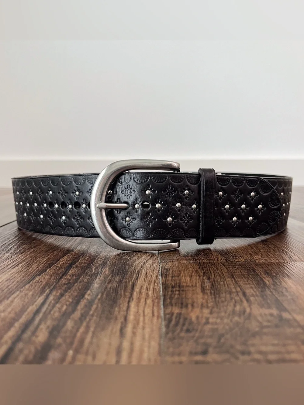 Lauren Ralph Lauren Embossed Leather Belt Studded Edgy Womens Size Medium Black